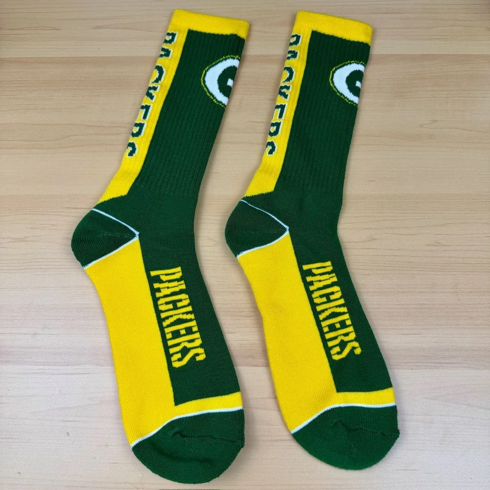 Green Bay Packers Crew Socks NFL Football Green Gold Logo Athletic Mens One Size